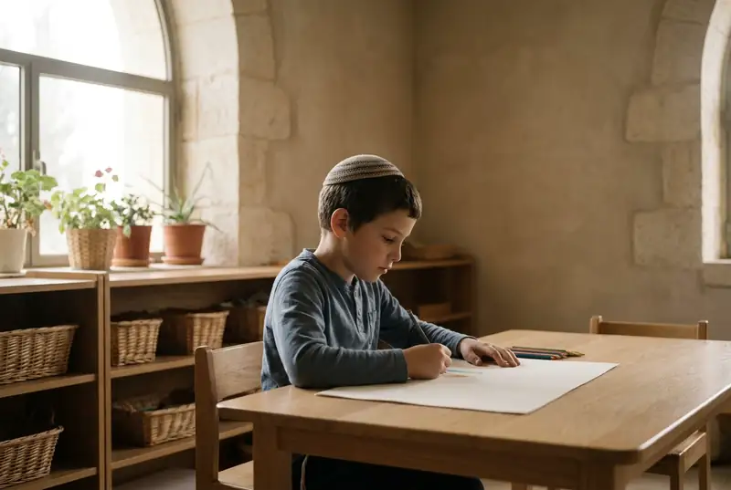 ילד עם כיפה יושב ליד שולחן עץ בכיתה תומכת ומצייר בעפרונות צבעוניים