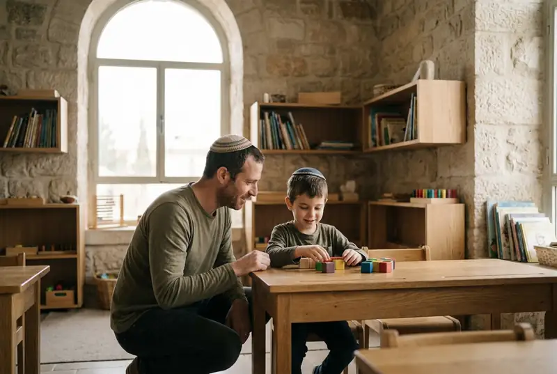מורה עם כיפה כורע ליד ילד עם כיפה ליד שולחן עץ, ושניהם בונים יחד בקוביות צבעוניות