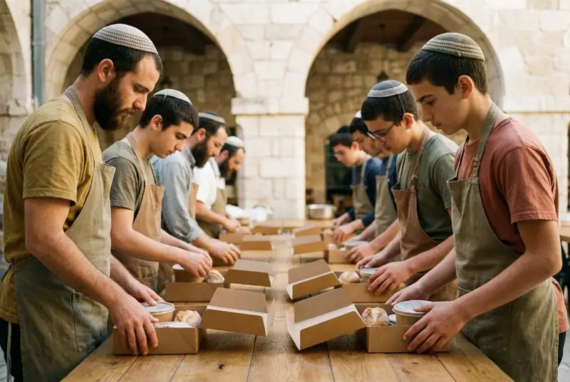 מתנדבים עם כיפות וסינרים אורזים ארוחות חמות ולחם טרי בקופסאות קרטון על שולחן עץ ארוך